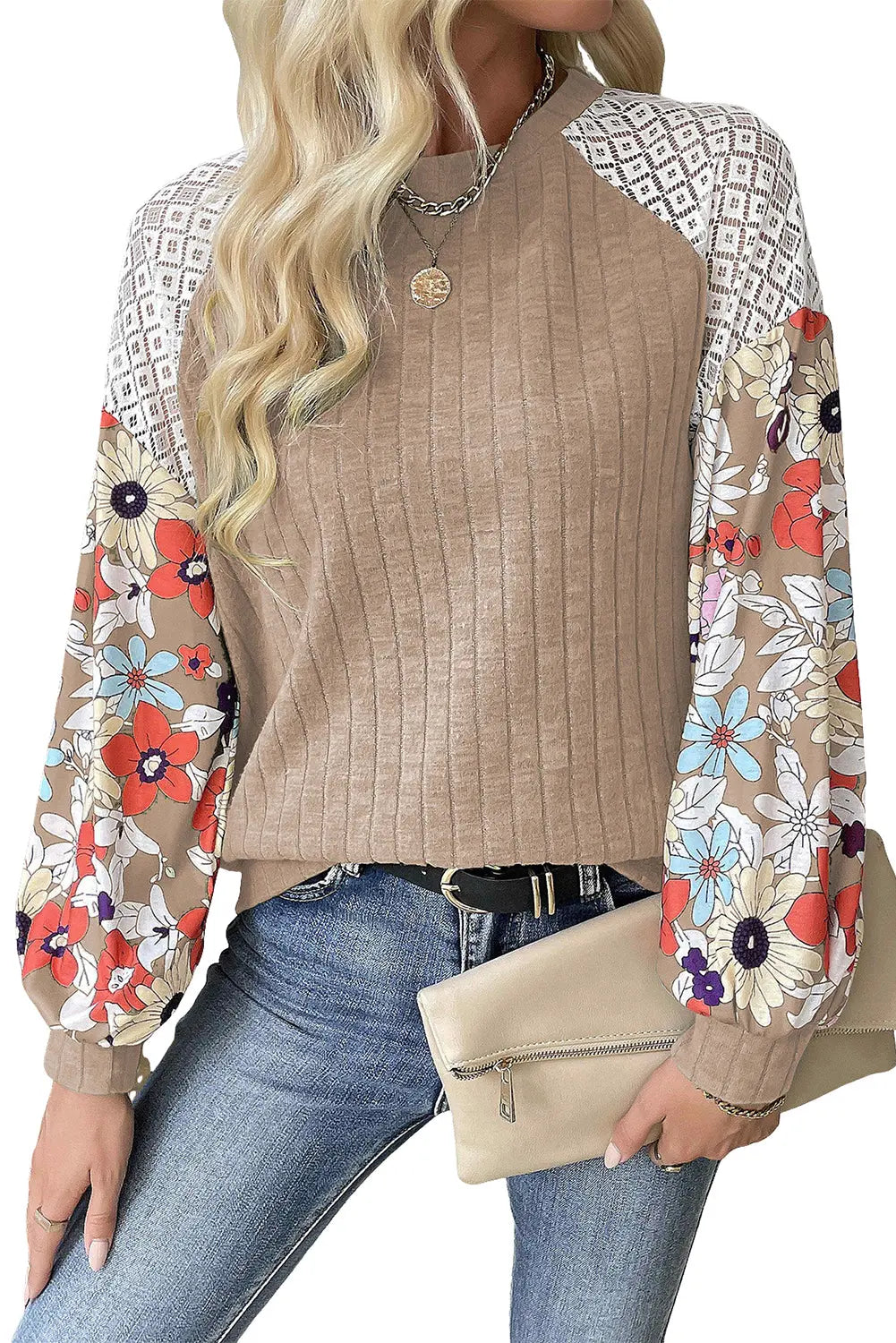 Black Floral Patchwork Long Sleeve Ribbed Blouse Beagle Boutique Fashion Outlet