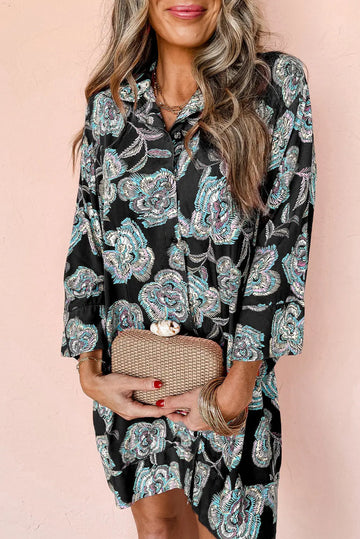 Black Floral Print Lapel Collar Loose Shirt Mini Dress Beagle Boutique Fashion Outlet
