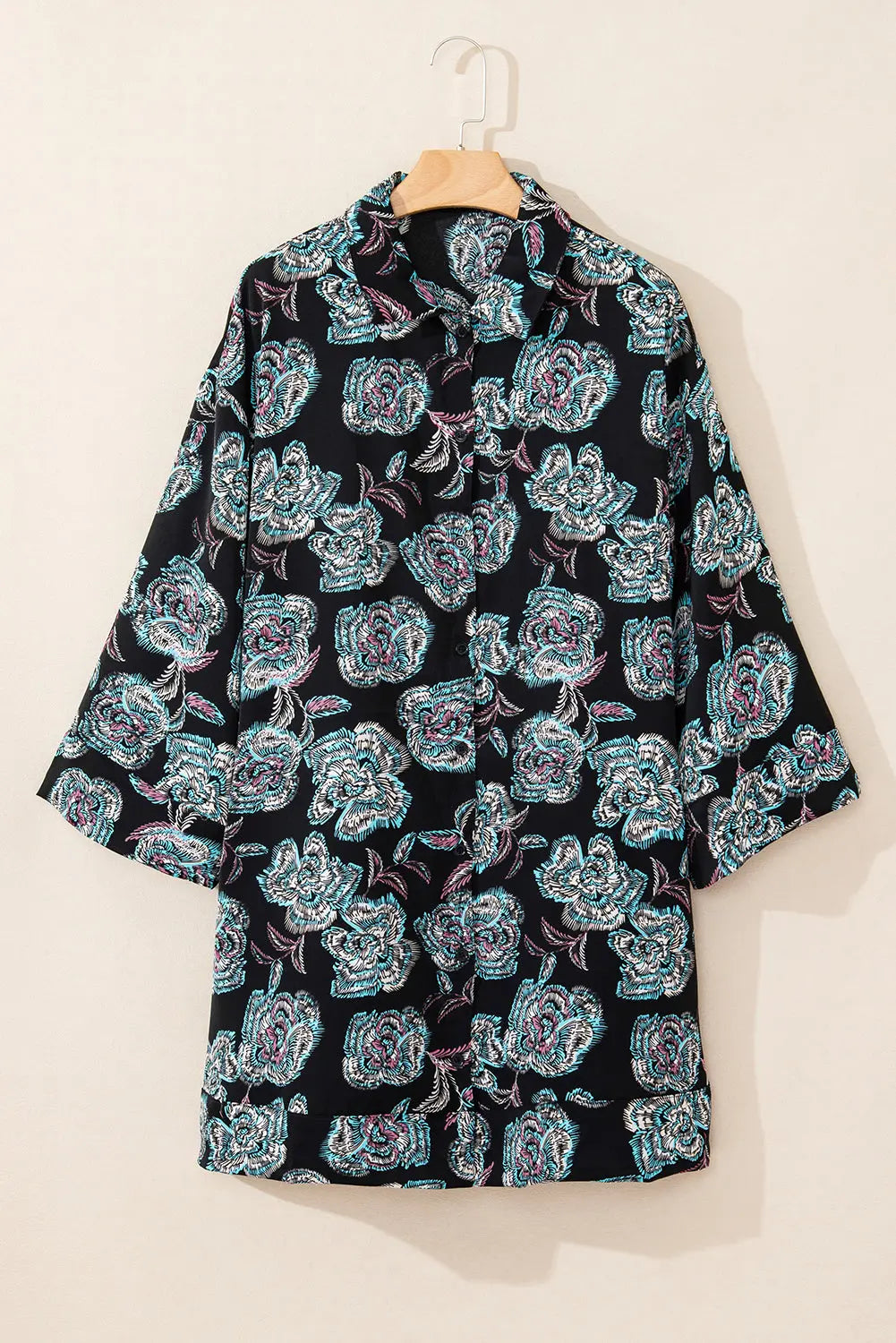 Black Floral Print Lapel Collar Loose Shirt Mini Dress Beagle Boutique Fashion Outlet