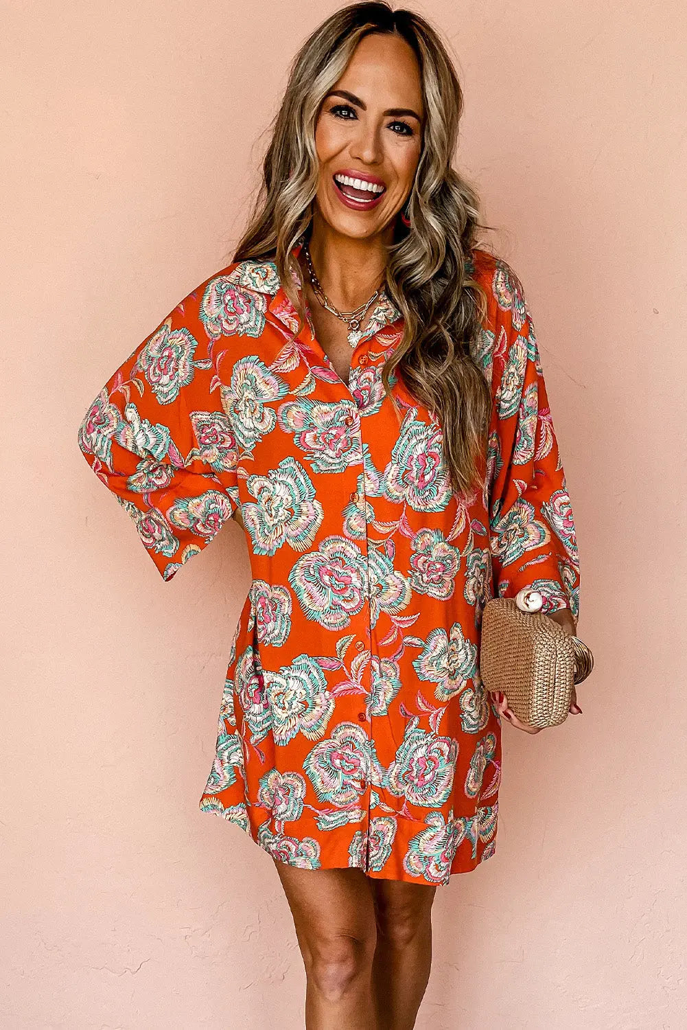 Black Floral Print Lapel Collar Loose Shirt Mini Dress Beagle Boutique Fashion Outlet