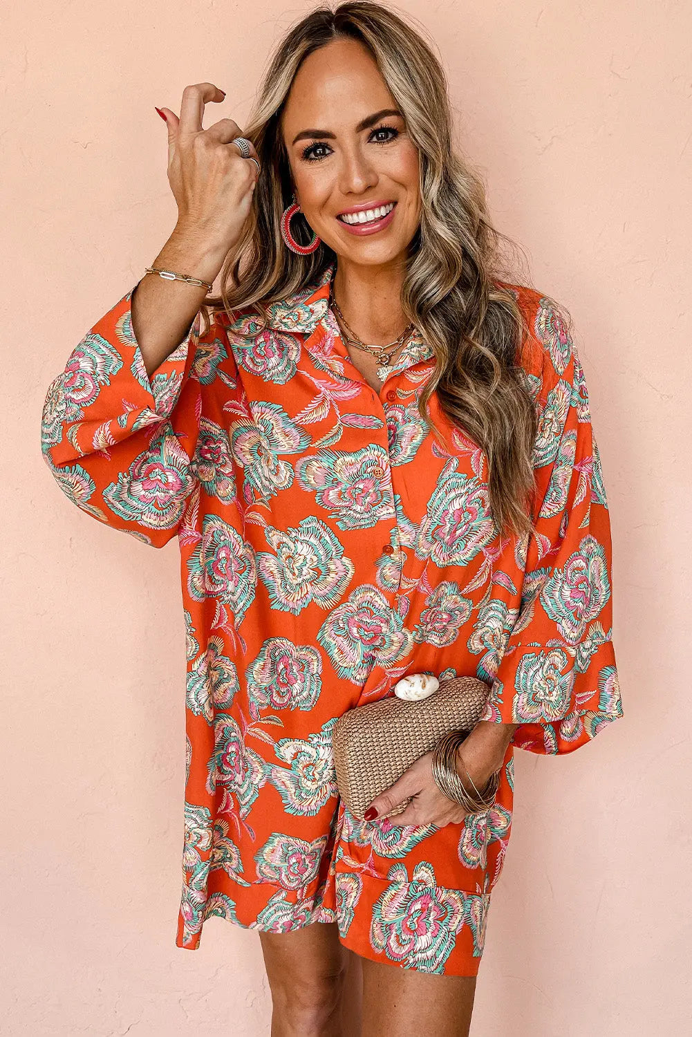 Black Floral Print Lapel Collar Loose Shirt Mini Dress Beagle Boutique Fashion Outlet