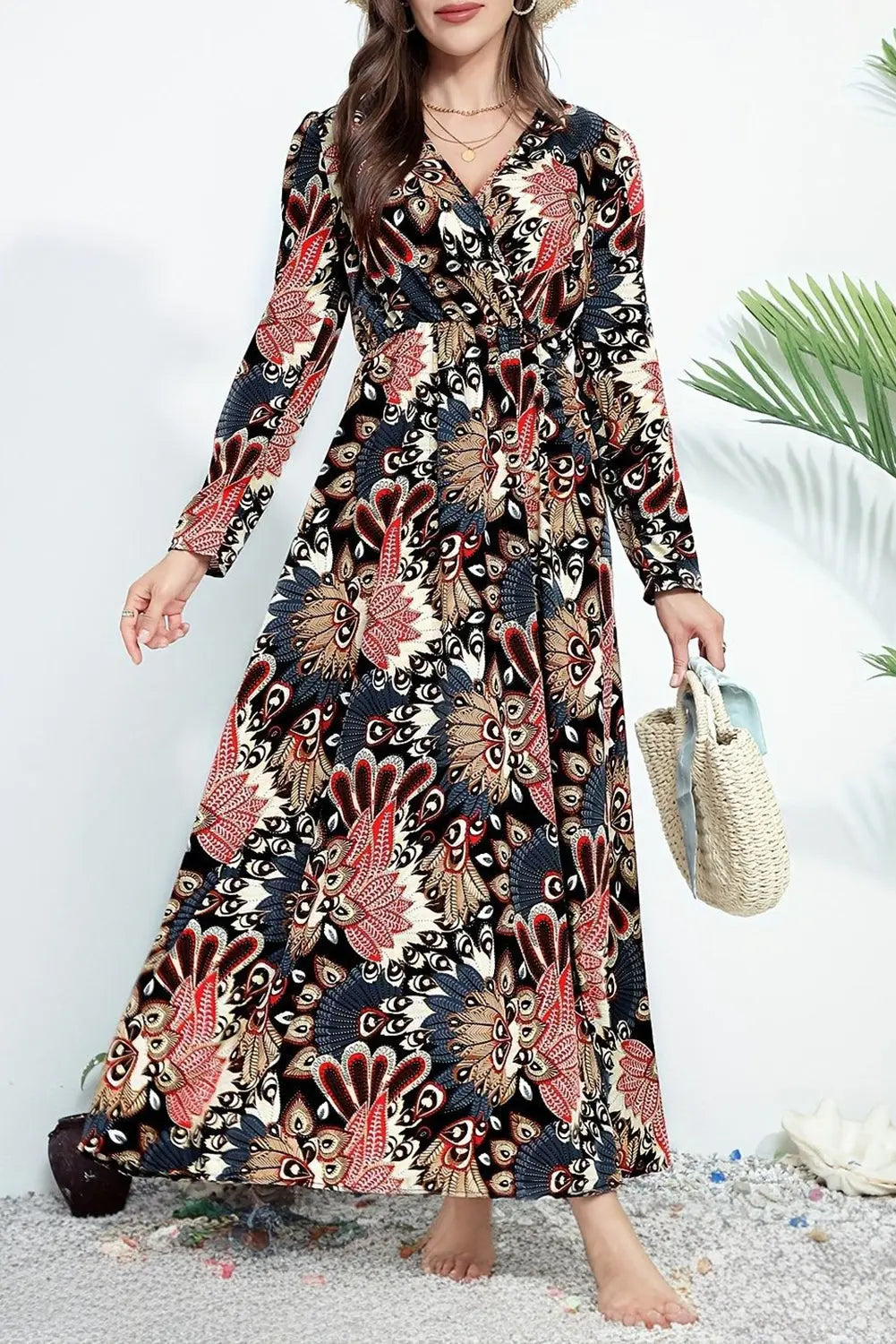 Black Floral Print V Neck Wrap High Waist Maxi Dress - eAura