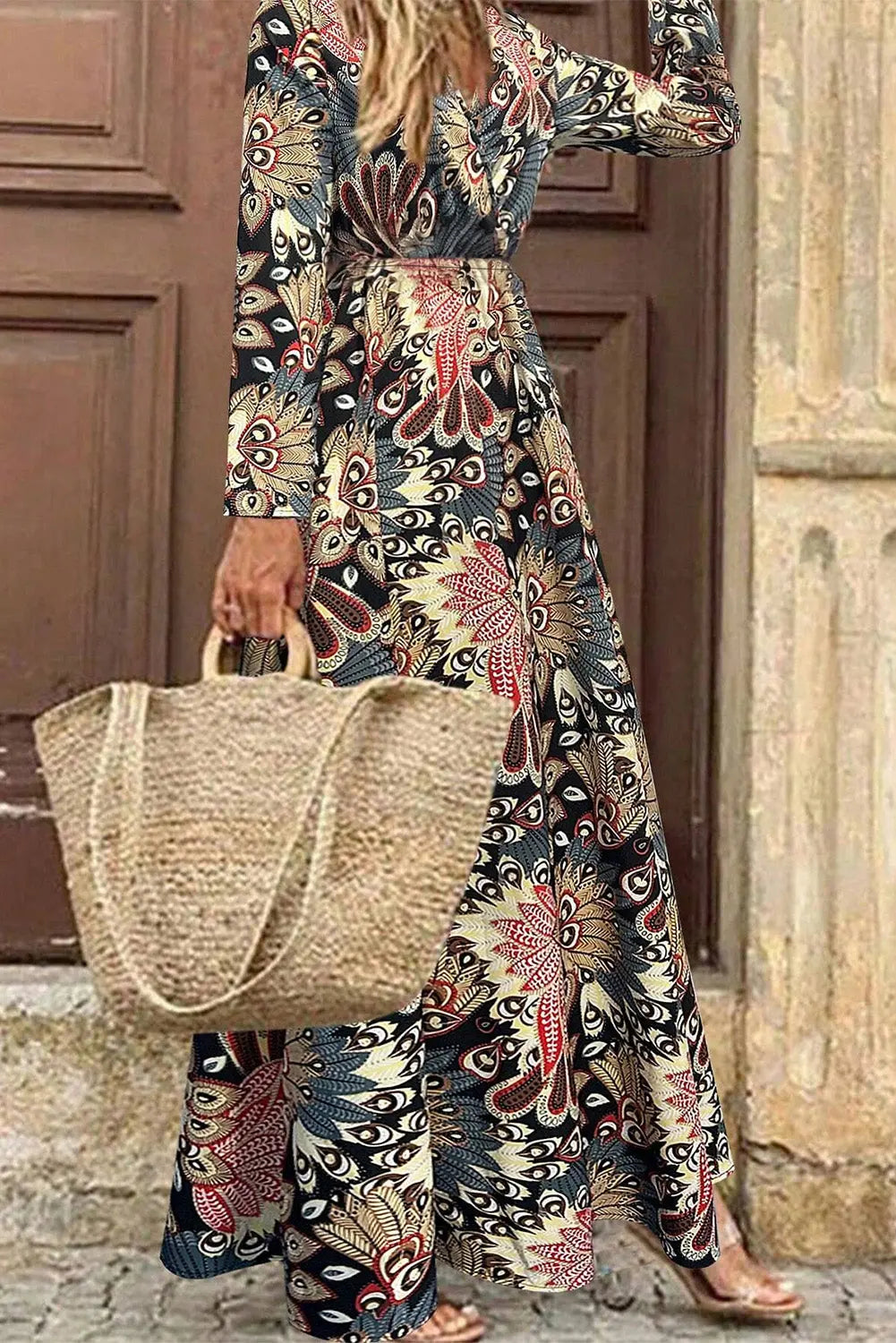 Black Floral Print V Neck Wrap High Waist Maxi Dress - eAura