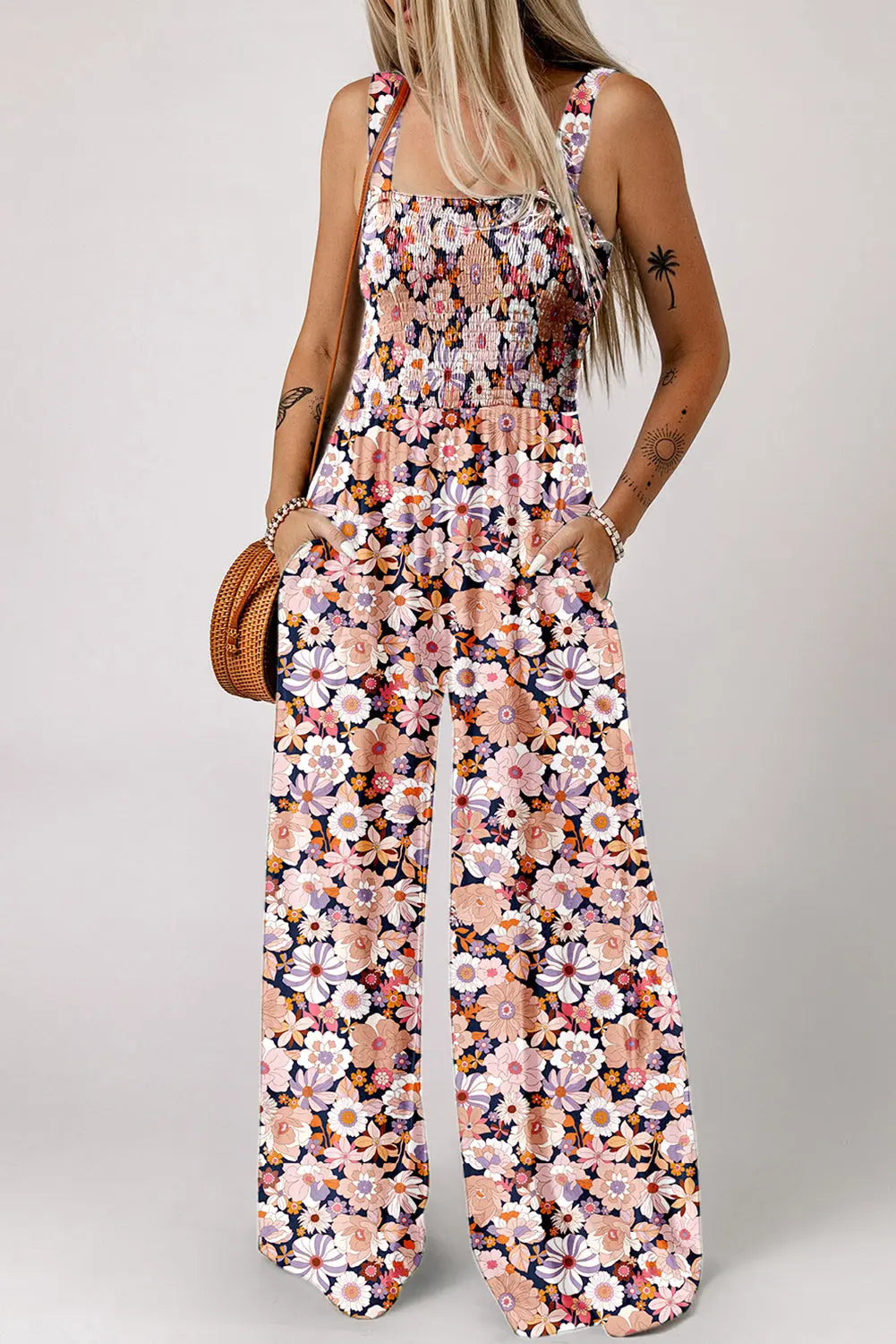 Black Floral Square Neckline Stretch High Waist Jumpsuit - eAura
