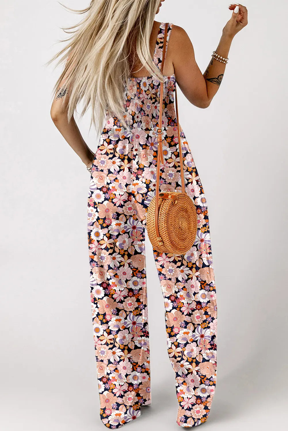 Black Floral Square Neckline Stretch High Waist Jumpsuit - eAura