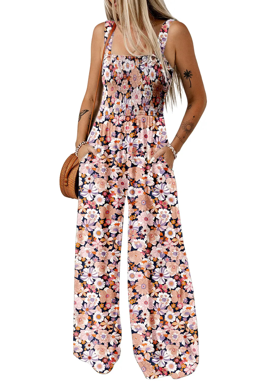 Black Floral Square Neckline Stretch High Waist Jumpsuit - eAura