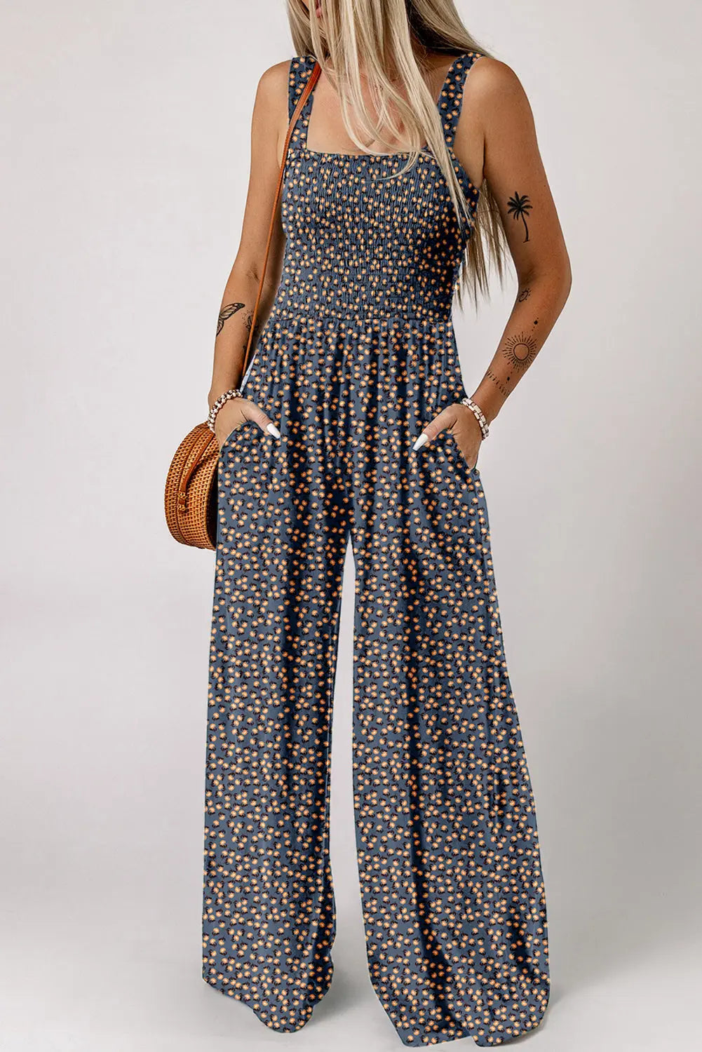 Black Floral Square Neckline Stretch High Waist Jumpsuit - eAura