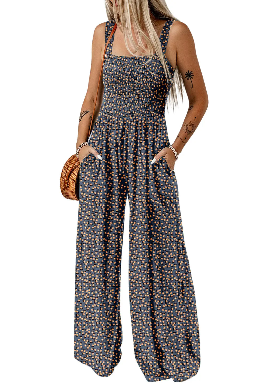 Black Floral Square Neckline Stretch High Waist Jumpsuit - eAura