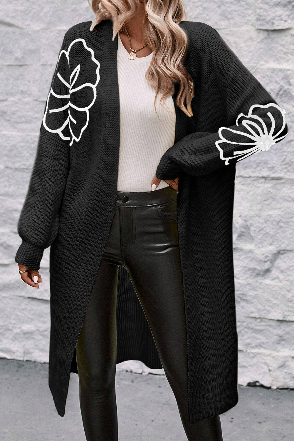 Black Flower Embroidered Drop Shoulder Open Front Duster Cardigan - eAura