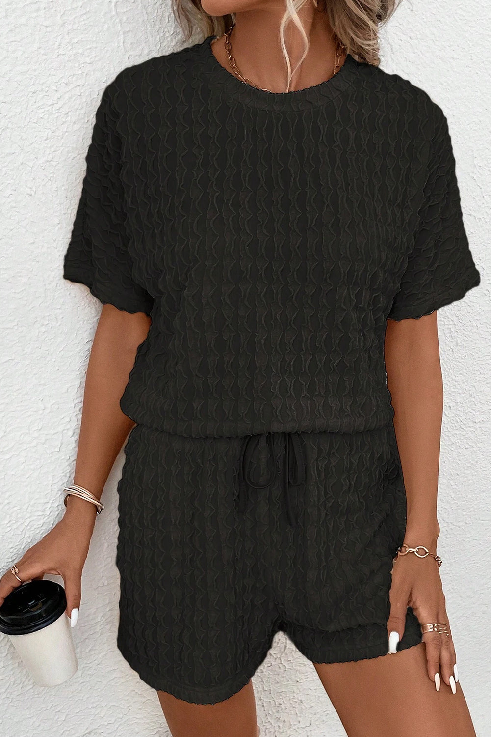 Black Frill Textured Short Sleeve Top and Drawstring Shorts Set - BLACK / S / 95% POLYESTER + 5% ELASTANE - Two Piece