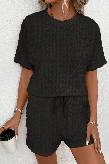 Black Frill Textured Short Sleeve Top and Drawstring Shorts Set - BLACK / S / 95% POLYESTER + 5% ELASTANE - Two Piece