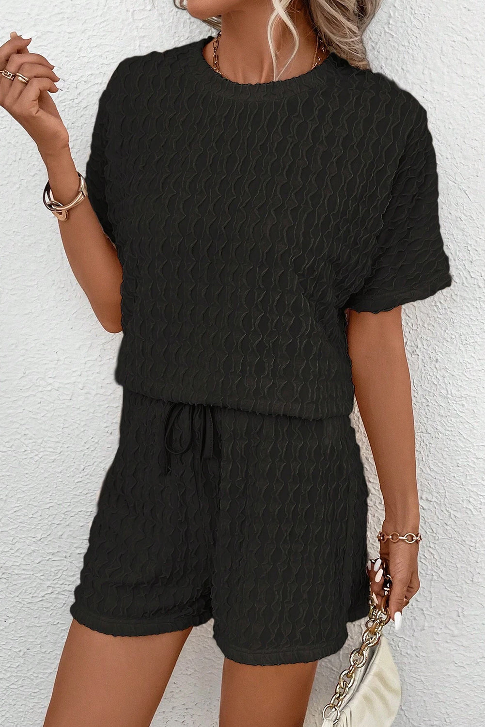 Black Frill Textured Short Sleeve Top and Drawstring Shorts Set - Two Piece Sets/Short Sets