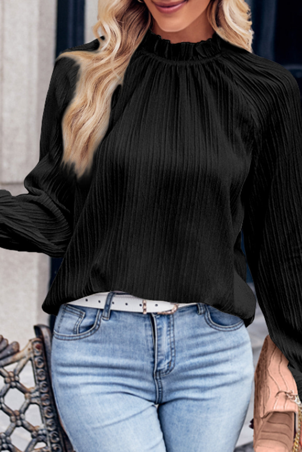 Black Frilled Mock Neck Ripple Bubble Sleeve Blouse - eAura