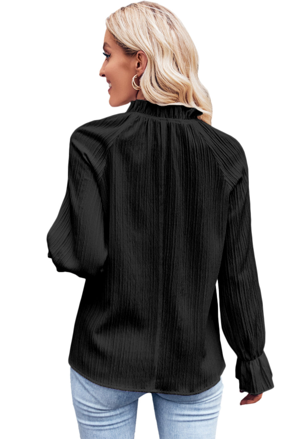 Black Frilled Mock Neck Ripple Bubble Sleeve Blouse - eAura