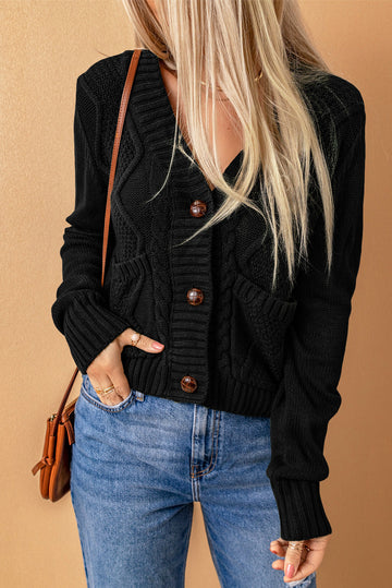 Black Front Pockets Buttons Textured Cardigan - eAura