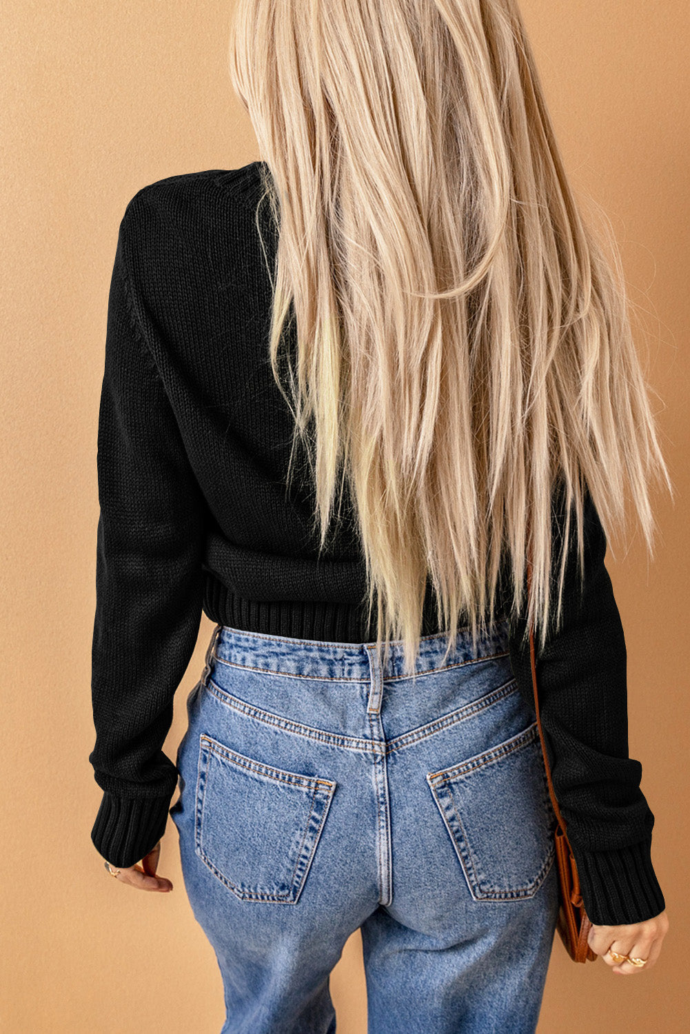 Black Front Pockets Buttons Textured Cardigan - eAura