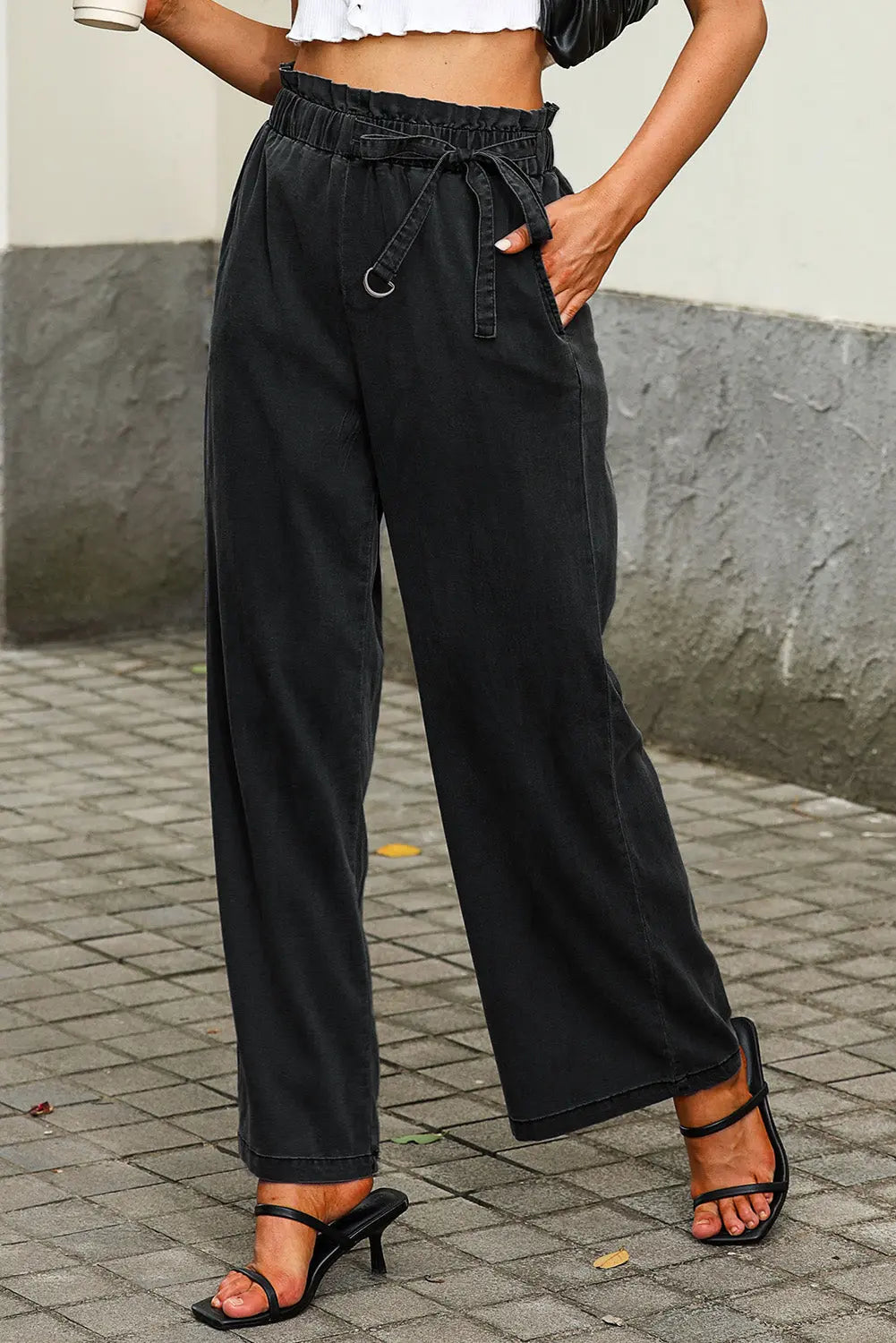 Black High Waist Pocketed Wide Leg Tencel Jeans eAura
