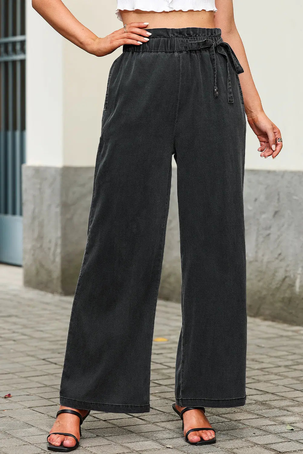 Black High Waist Pocketed Wide Leg Tencel Jeans eAura