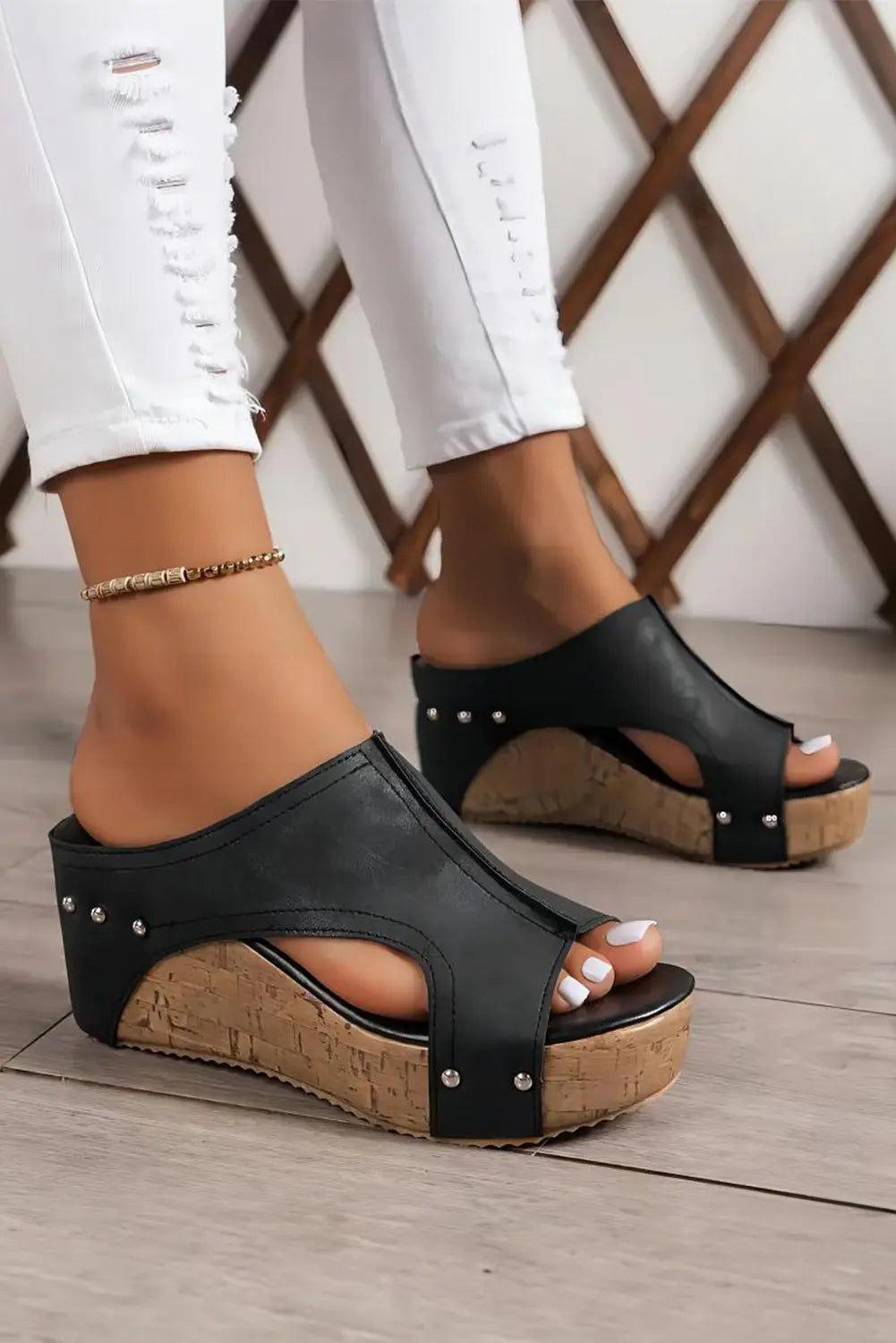 Black Hollow Out Studded PU Leather Wedge Sandals Beagle Boutique Fashion Outlet