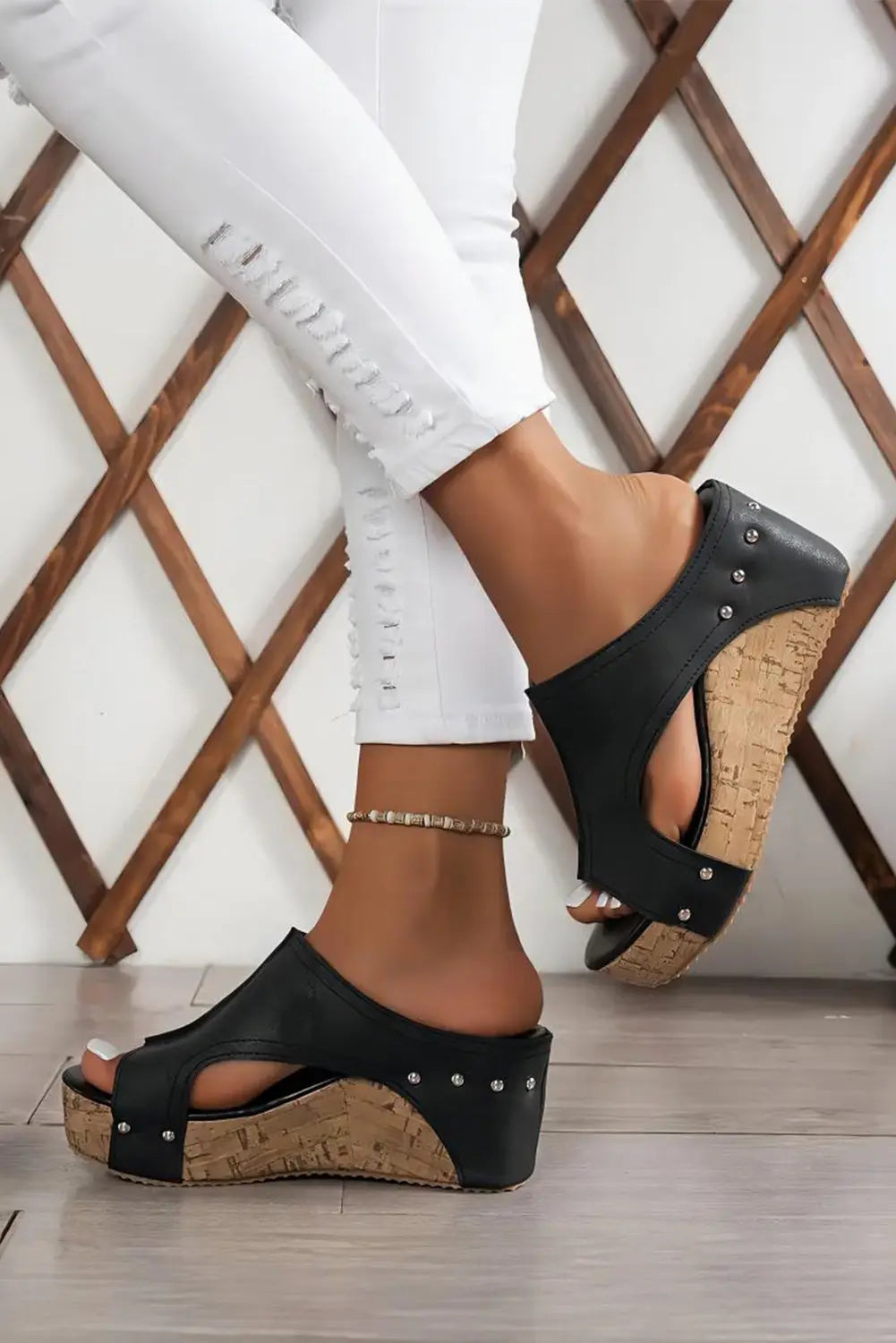 Black Hollow Out Studded PU Leather Wedge Sandals Beagle Boutique Fashion Outlet