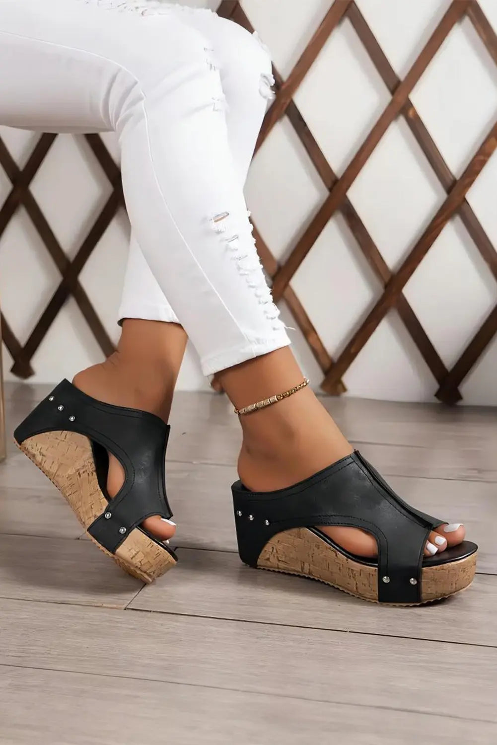 Black Hollow Out Studded PU Leather Wedge Sandals Beagle Boutique Fashion Outlet