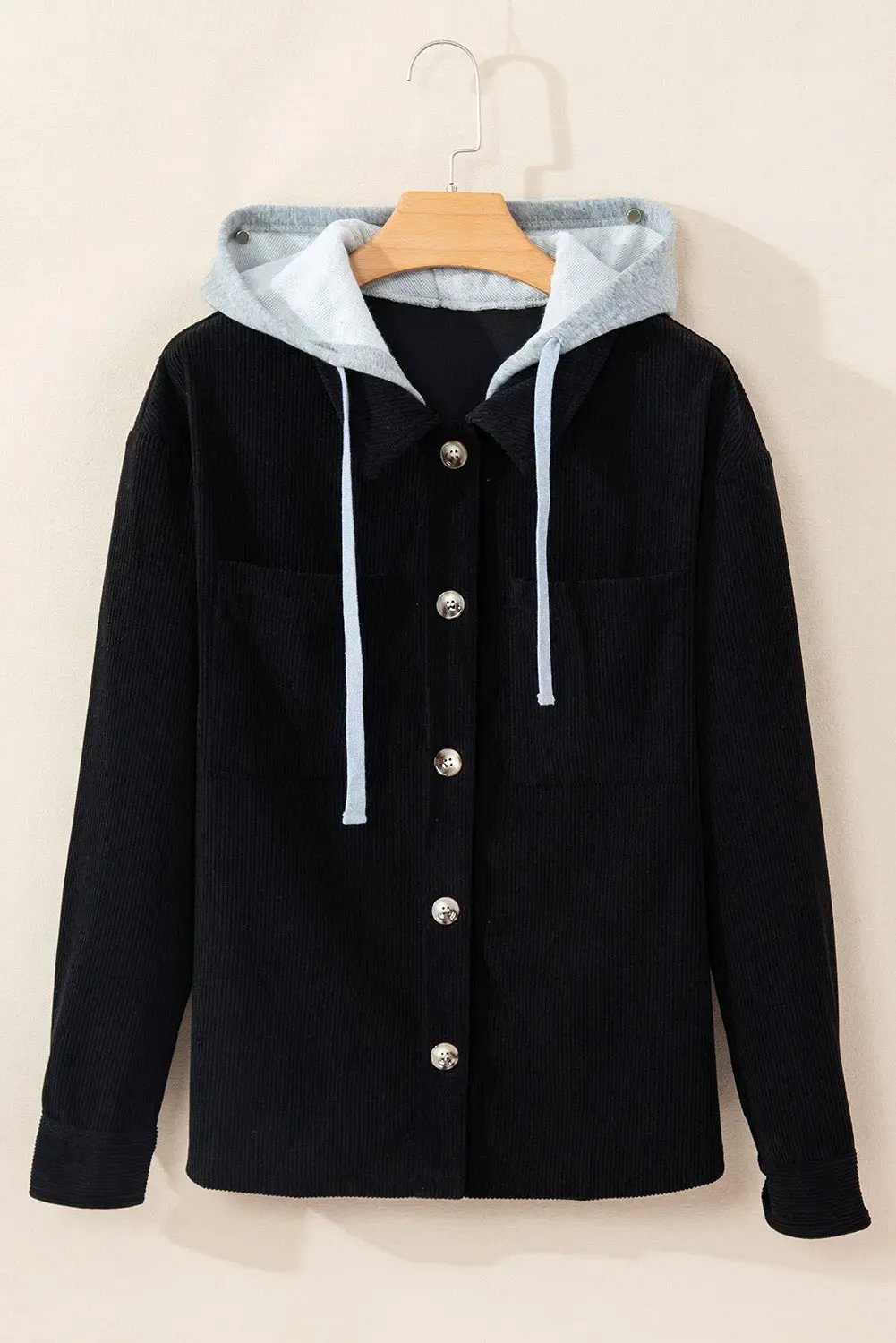 Black Hooded Drawstring Pockets Corduroy Shacket - Outerwear/Jackets
