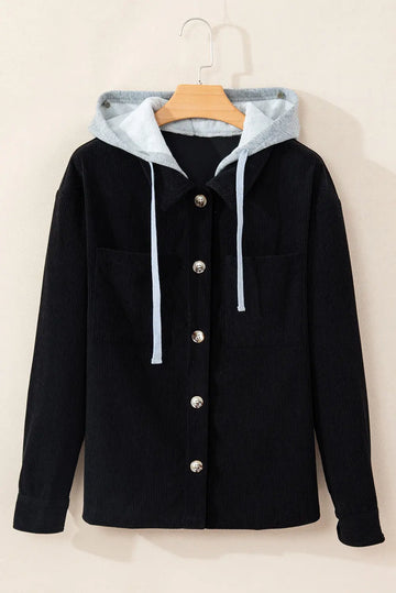 Black Hooded Drawstring Pockets Corduroy Shacket - Outerwear/Jackets