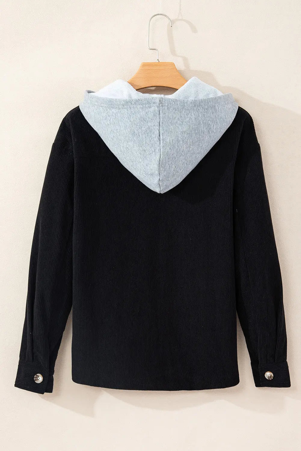 Black Hooded Drawstring Pockets Corduroy Shacket - eAura