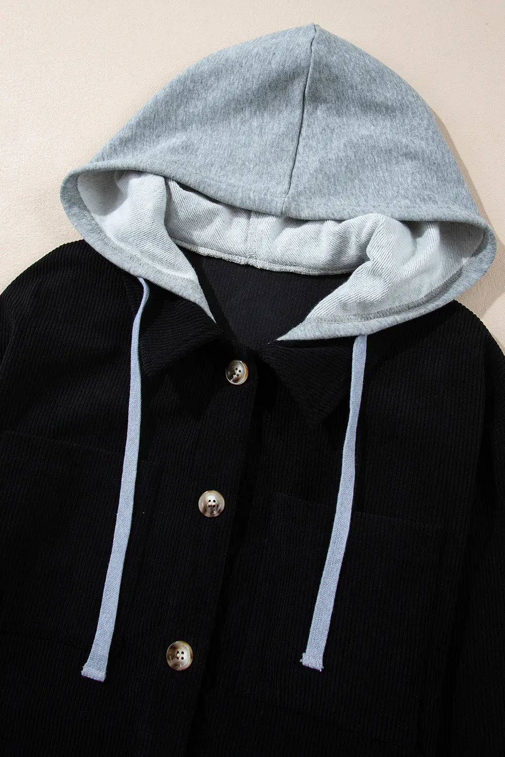Black Hooded Drawstring Pockets Corduroy Shacket - eAura
