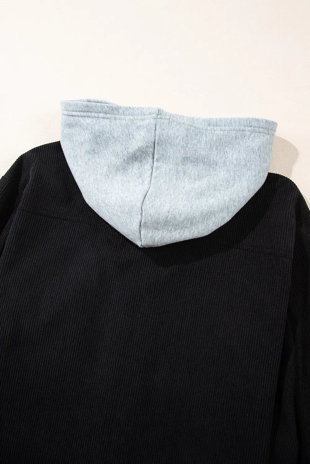 Black Hooded Drawstring Pockets Corduroy Shacket - eAura