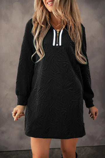Black Jacquard Textured Quarter Zipper Shift Mini Dress Beagle Boutique Fashion Outlet