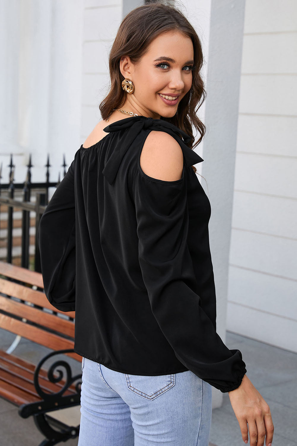 Black Knotted Asymmetric Off Shoulder Blouse - eAura