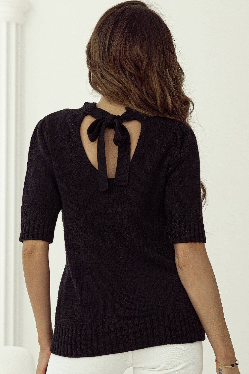 Black Knotted Keyhole Nape Short Sleeve Knit Sweater - eAura