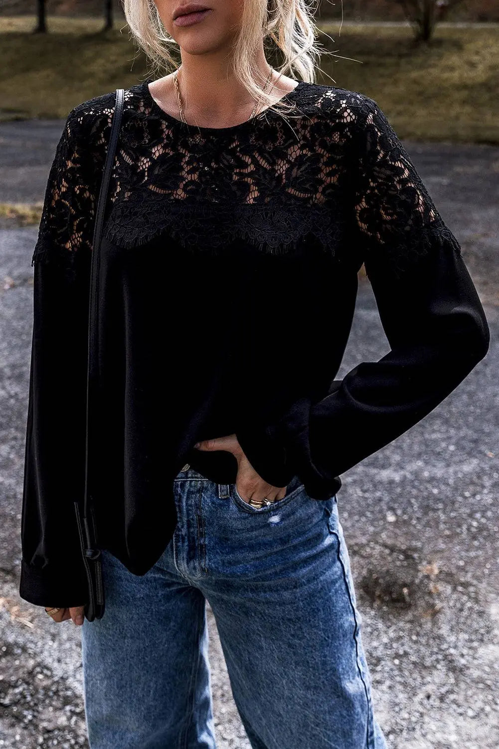 Black Lace Crochet Patchwork O Neck Long Sleeve Top - BB Fashion Outlet