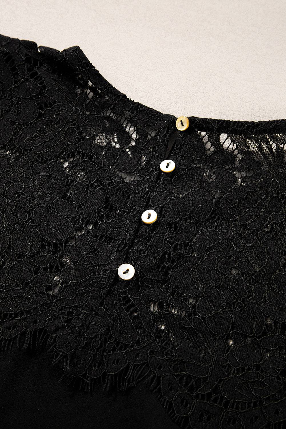 Black Lace Crochet Patchwork O Neck Long Sleeve Top - BB Fashion Outlet