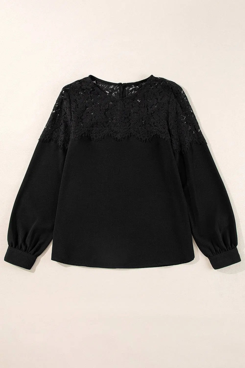 Black Lace Crochet Patchwork O Neck Long Sleeve Top - BB Fashion Outlet