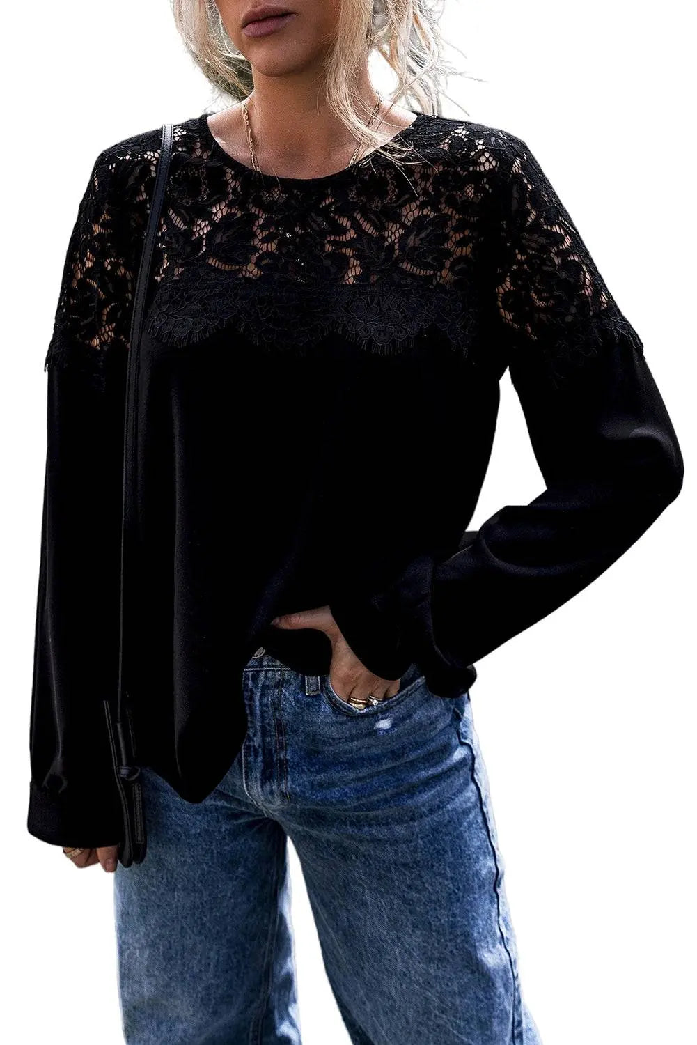 Black Lace Crochet Patchwork O Neck Long Sleeve Top - BB Fashion Outlet