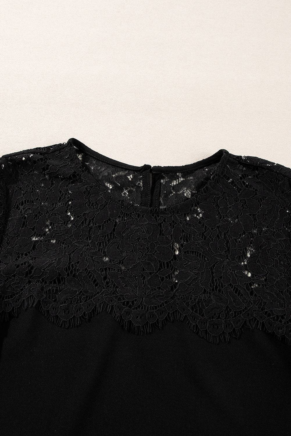 Black Lace Crochet Patchwork O Neck Long Sleeve Top - BB Fashion Outlet