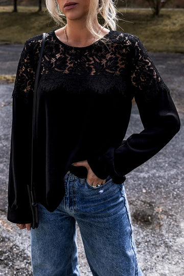 Black Lace Crochet Patchwork O Neck Long Sleeve Top - eAura