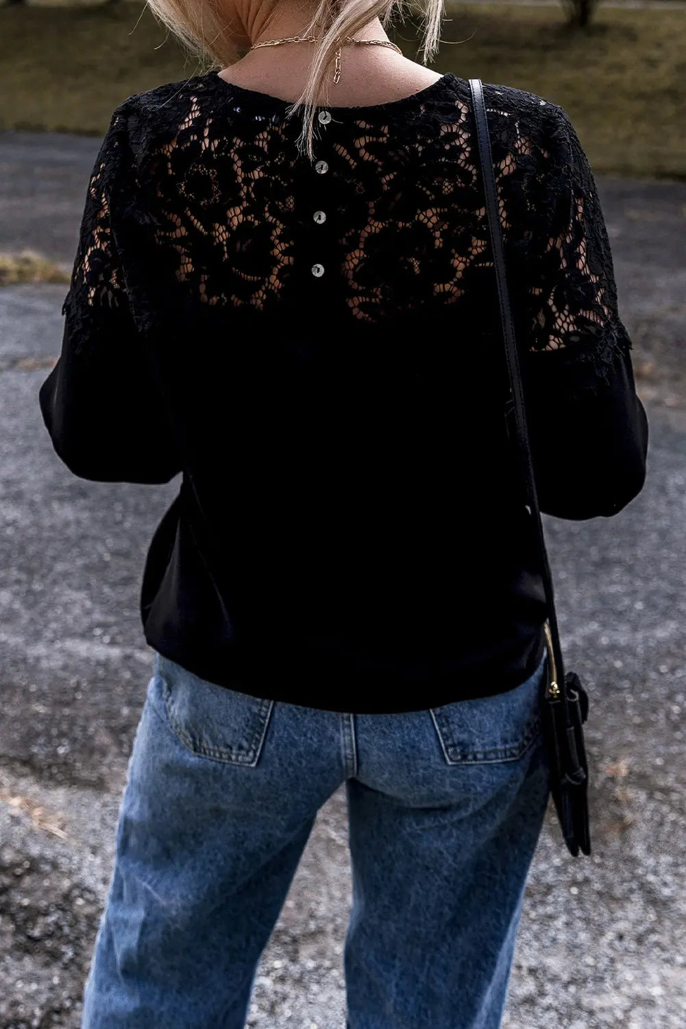 Black Lace Crochet Patchwork O Neck Long Sleeve Top - eAura