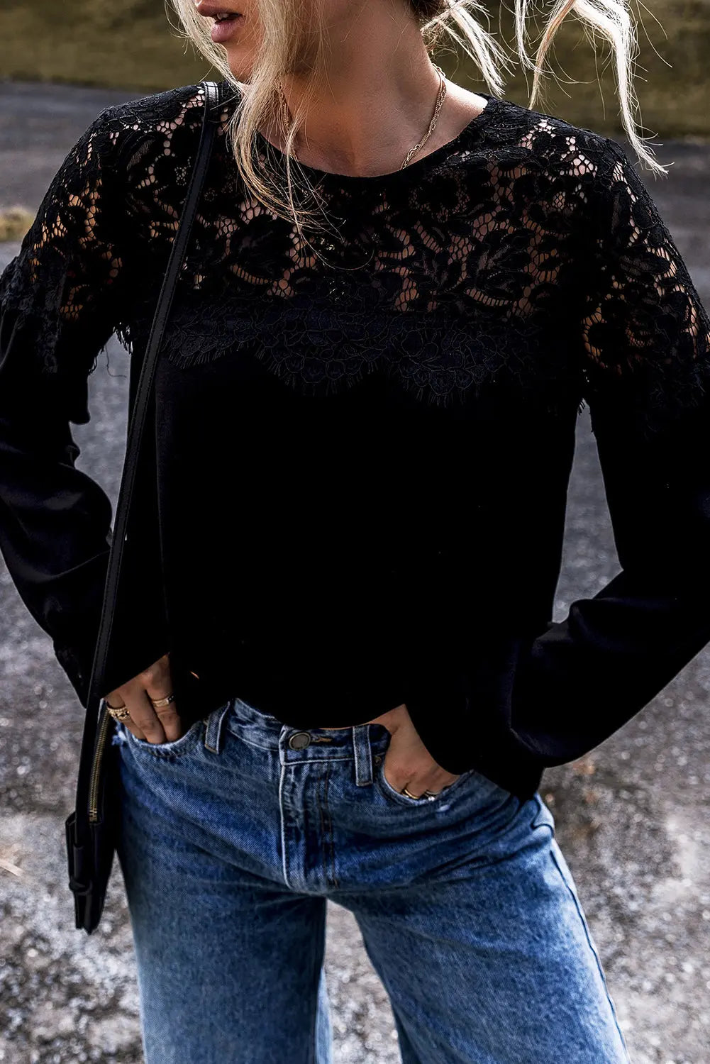 Black Lace Crochet Patchwork O Neck Long Sleeve Top - eAura