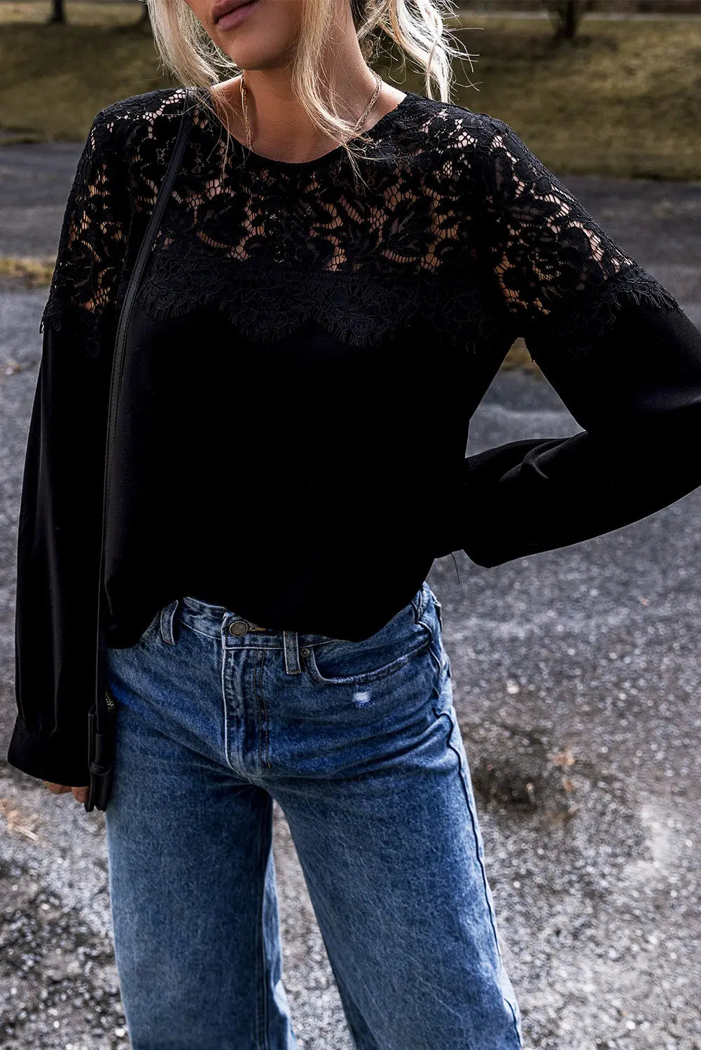 Black Lace Crochet Patchwork O Neck Long Sleeve Top - eAura