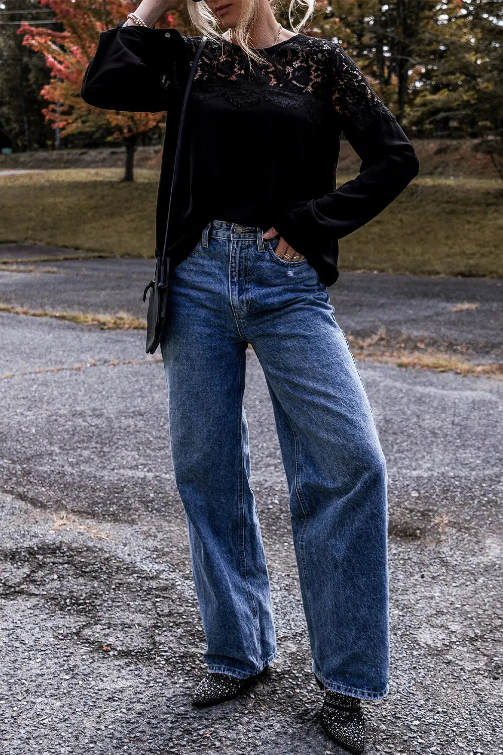 Black Lace Crochet Patchwork O Neck Long Sleeve Top - eAura