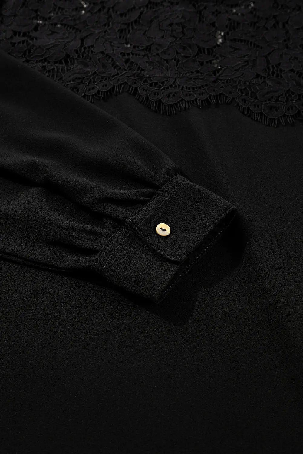 Black Lace Crochet Patchwork O Neck Long Sleeve Top - eAura