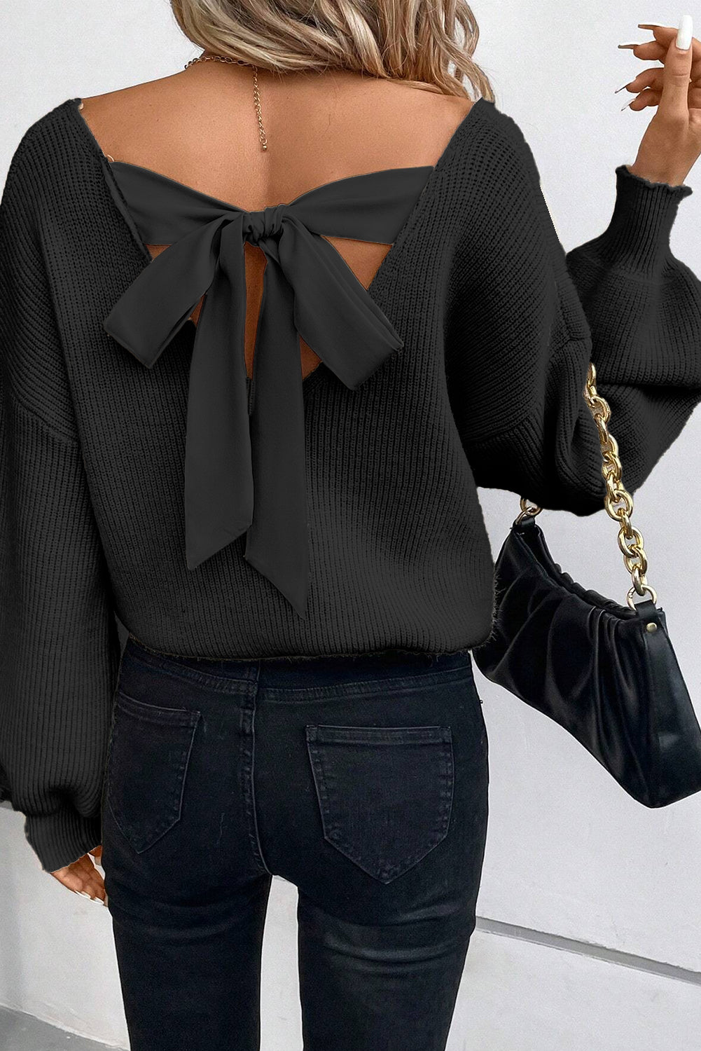 Black Lantern Sleeve V Neck Knot Back Sweater - BLACK / S - Sweaters & Cardigans/Sweaters