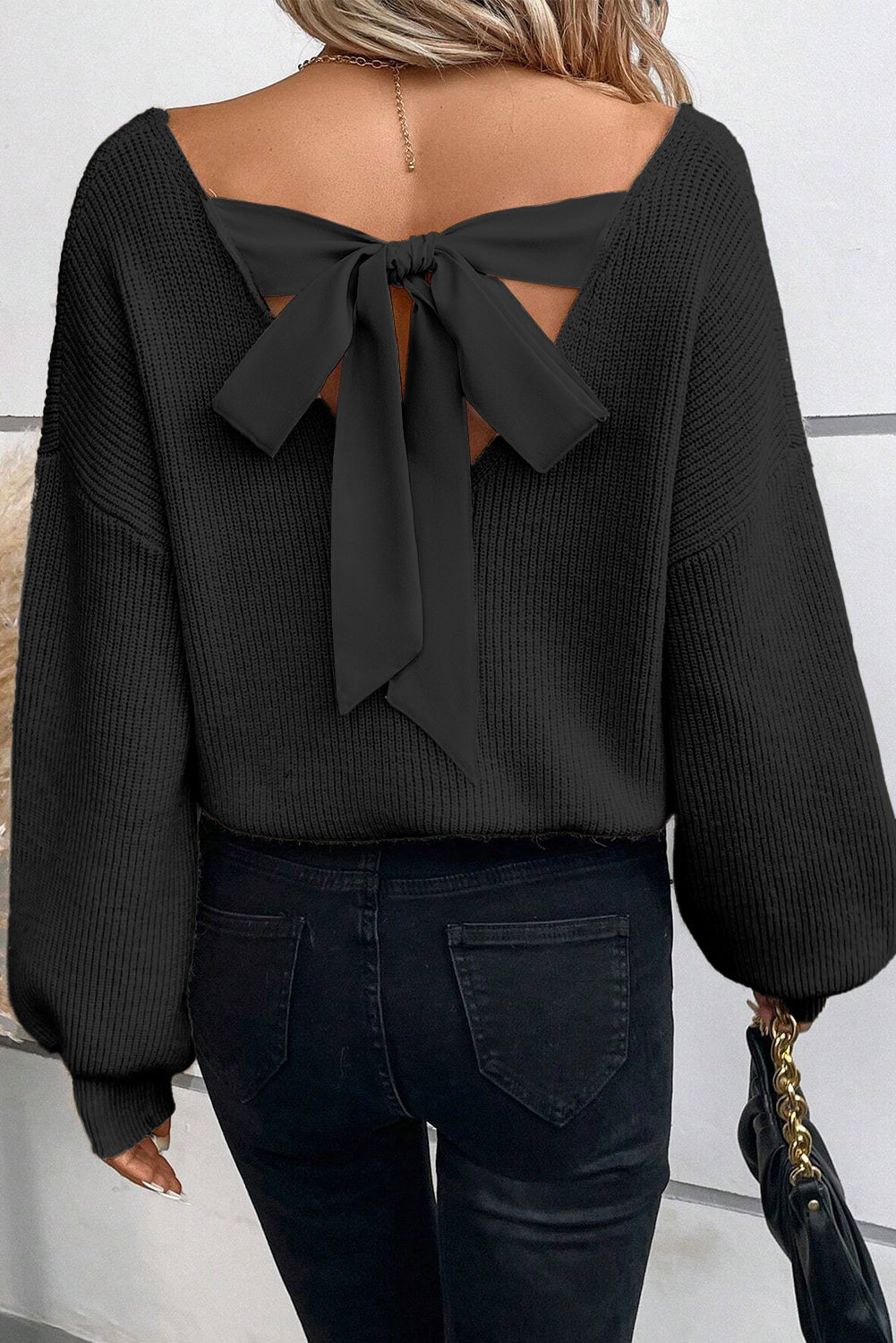 Black Lantern Sleeve V Neck Knot Back Sweater - Sweaters & Cardigans/Sweaters