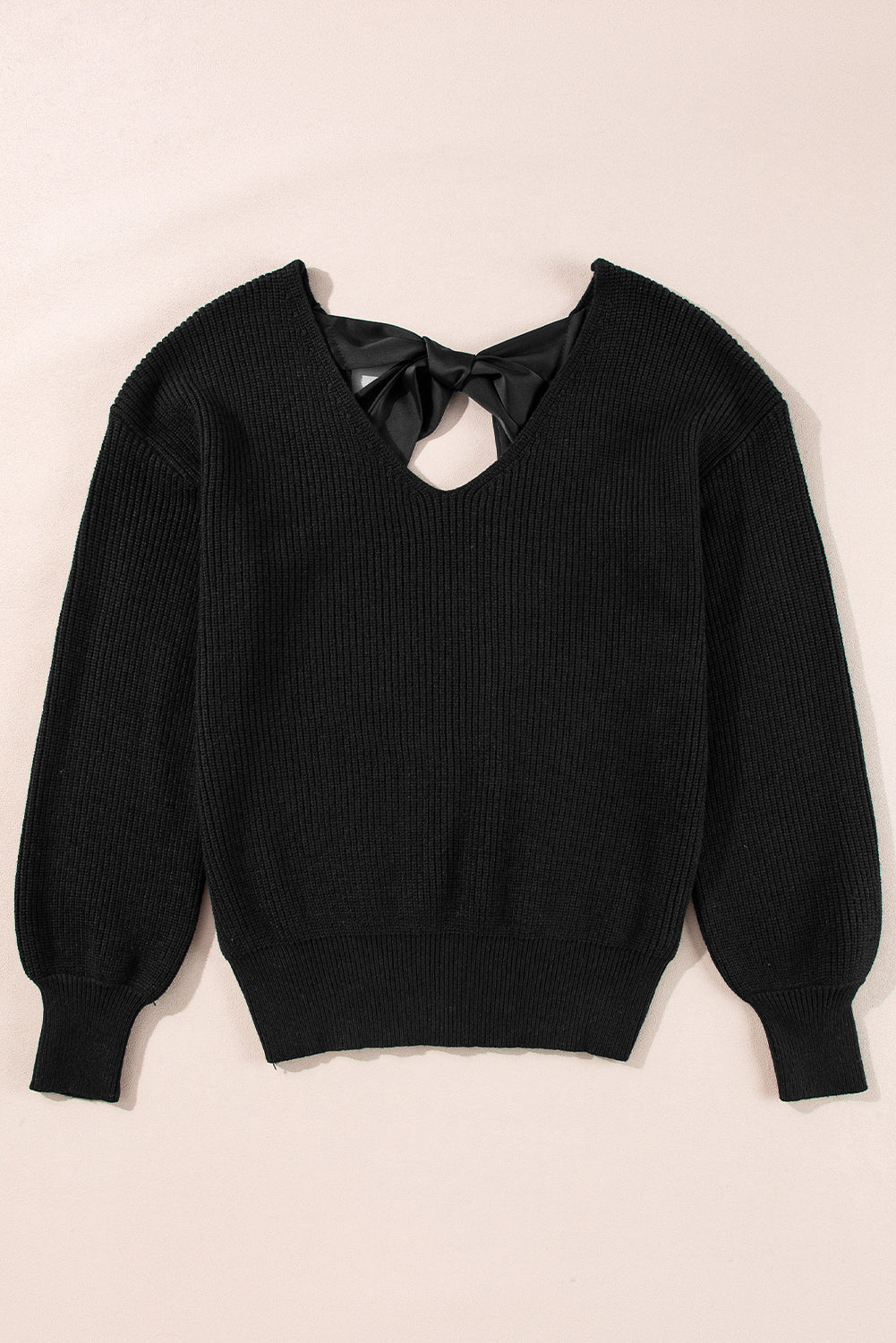 Black Lantern Sleeve V Neck Knot Back Sweater - Sweaters & Cardigans/Sweaters
