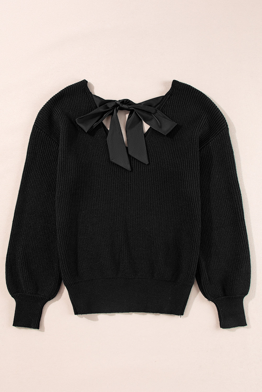 Black Lantern Sleeve V Neck Knot Back Sweater - Sweaters & Cardigans/Sweaters