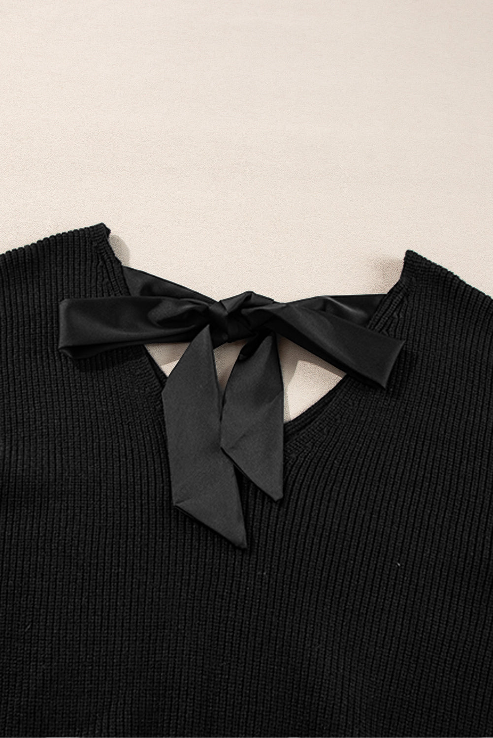 Black Lantern Sleeve V Neck Knot Back Sweater - Sweaters & Cardigans/Sweaters