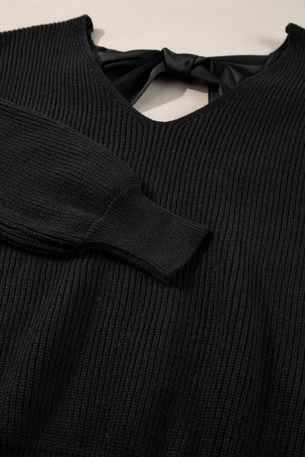 Black Lantern Sleeve V Neck Knot Back Sweater - Sweaters & Cardigans/Sweaters